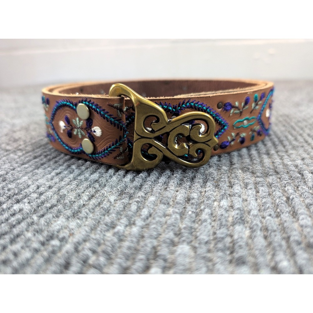 Lucky Brand Belt Women's XL Leather Brown Embroidered Floral Brass Boho